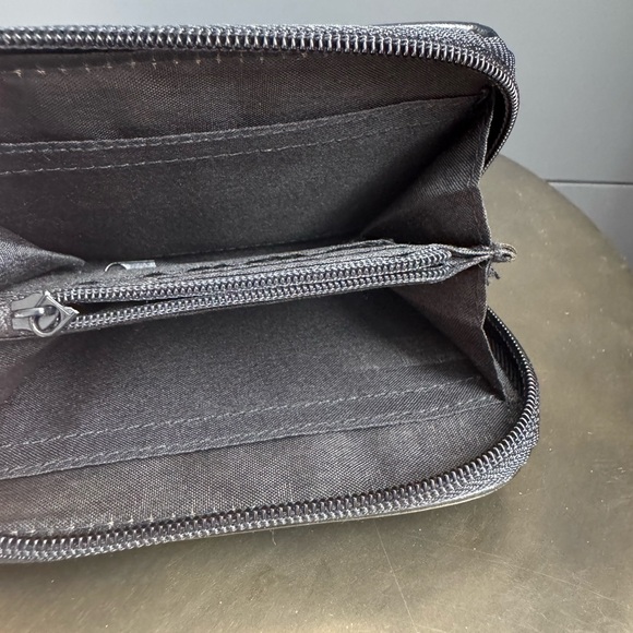 Black Faux Leather Crossbody Bag Gold Accents White Stitching and Wallet Classic - Picture 4 of 9